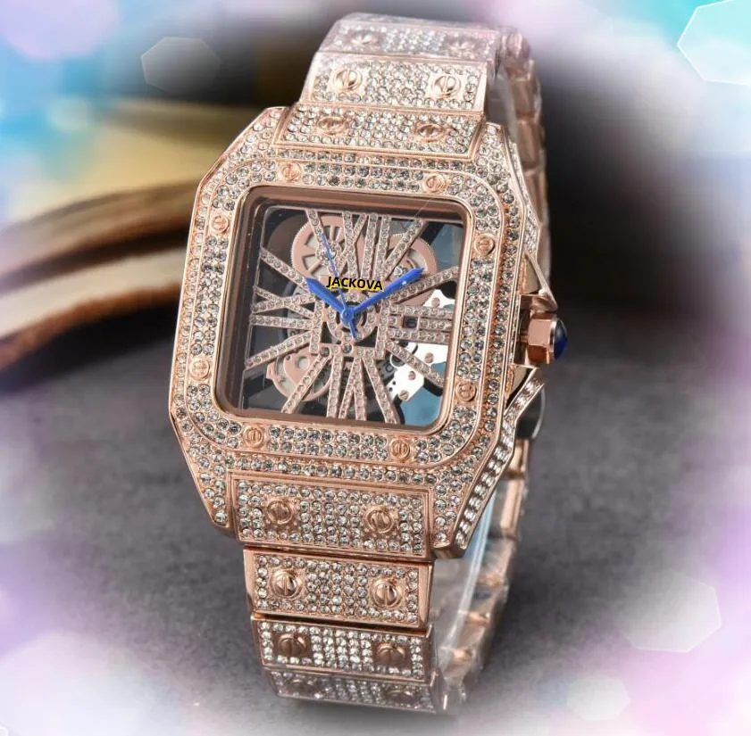 Relógios de mostrador de esqueleto oco quadrado Top Quality Mens Iced Out Sky Starry Diamonds Ring Bezel Relógio Luxo Japão Movimento de Quartzo Todo o Crime Cool Relógio de Pulso Presentes