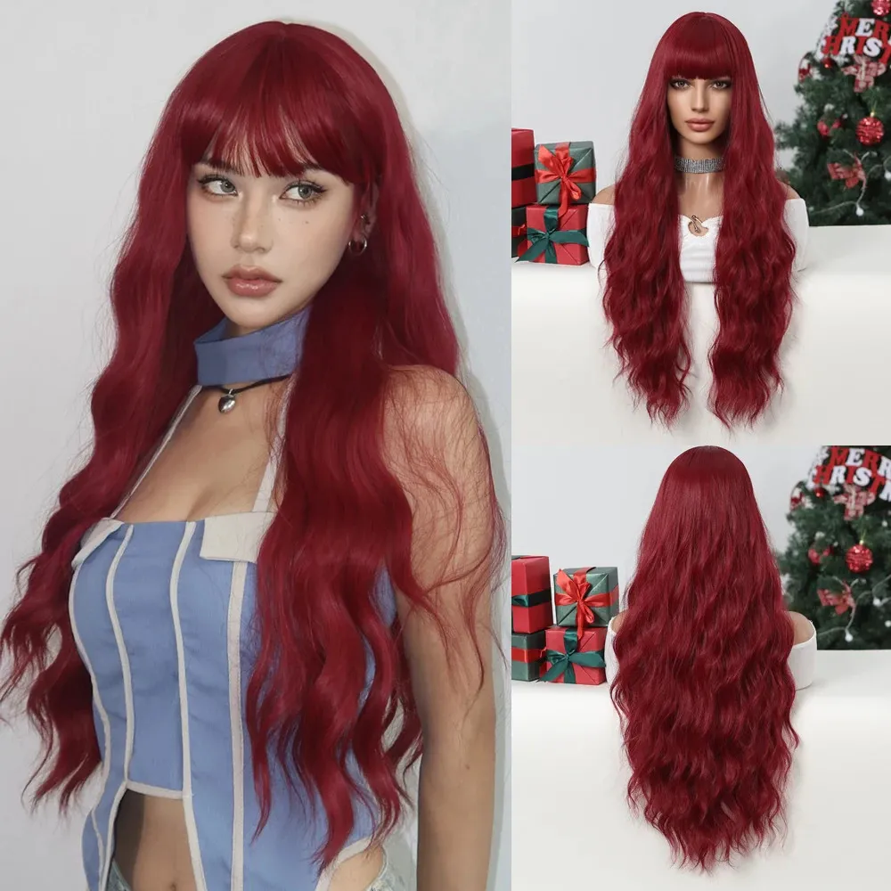 Natural long wave wig with bangs red role-playing wig colorful curly synthetic hair wig party Lolita uses wig women are heat-resistant 230125