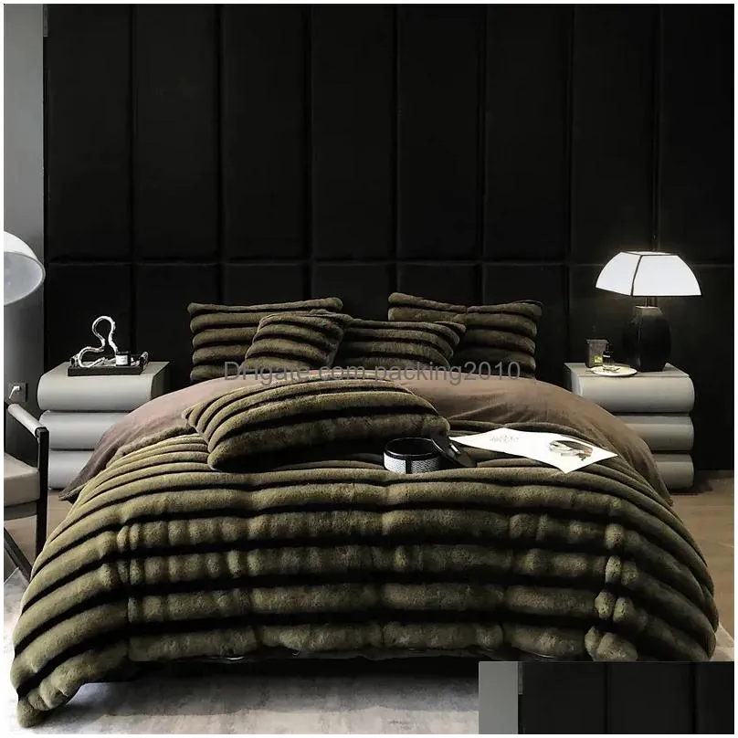 Bedding Sets Faux Rabbit Fur Veet Fleece Winter Set Soft P Stereoscopic Stripe Duvet Er Flatfitted Bed Sheet Pillowcase Drop Delivery Dhn56