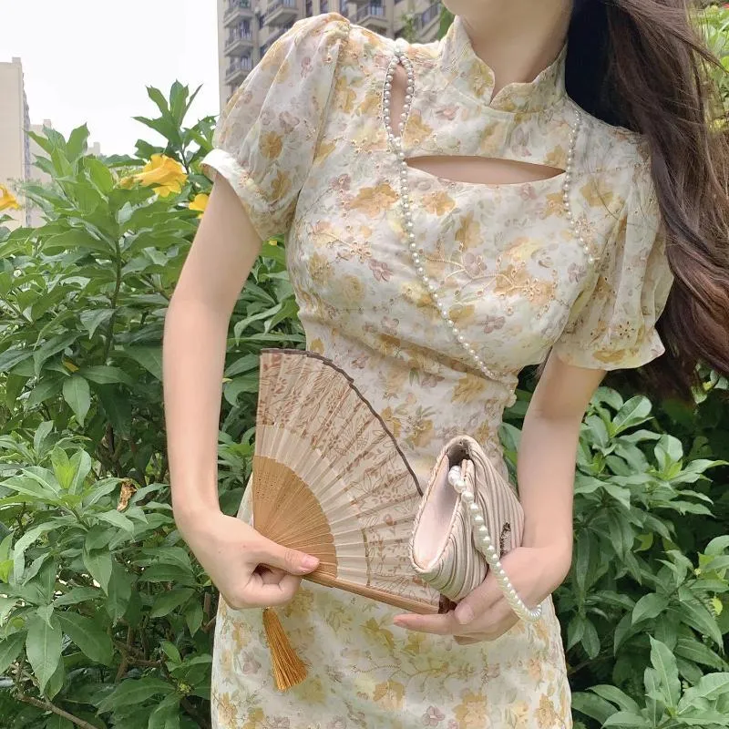 Etniska kläder gul blommor qipao vår sommar kinesiska stil klänningar kvinnor eleganta cheongsams förbättrade lady casual vestidos