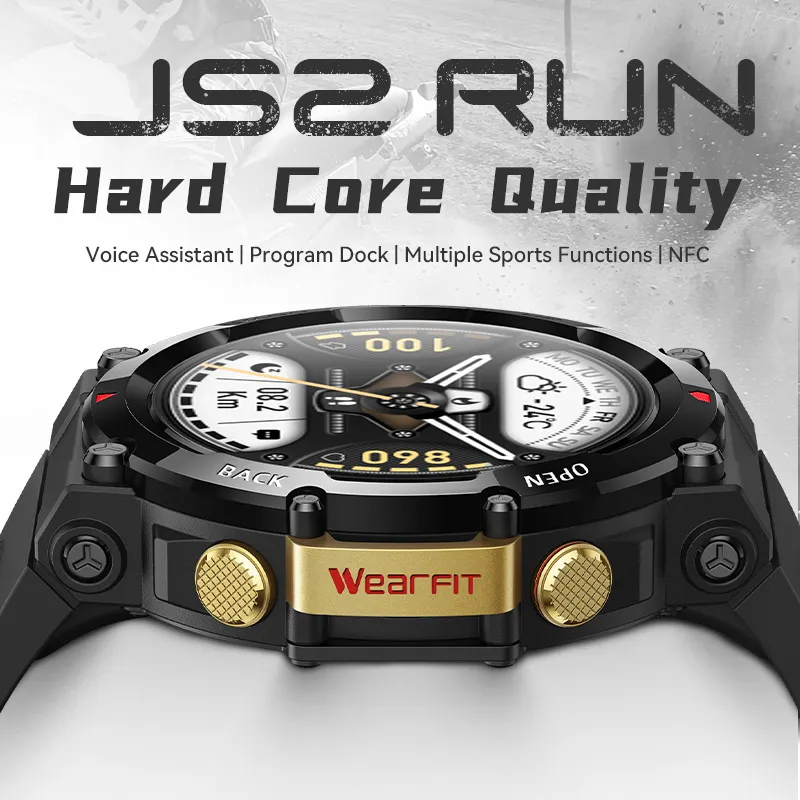 Novo design js2 run relógio inteligente 1.52 Polegada hd tela redonda nfc carregamento sem fio bt telefone chamada leitor de música reloj smartwatch js2