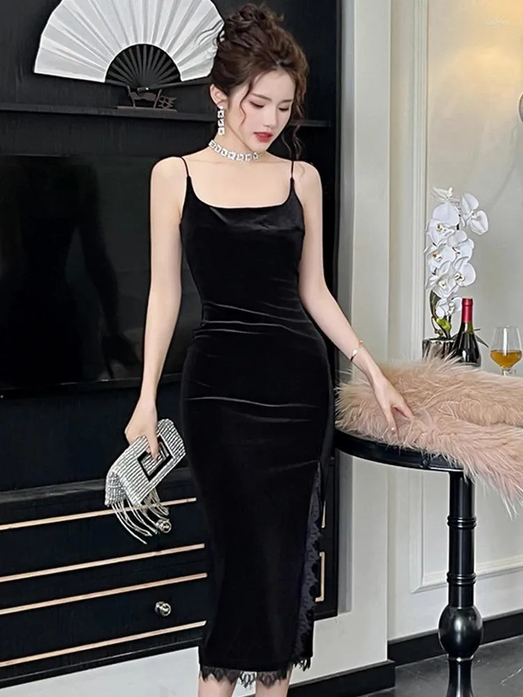 Casual Dresses Women's French Elegant Black Dress Woman Sexy Velvet Backless Slit Bodycon Robe Femme Party Club Wild Basic Vestidos Bottom