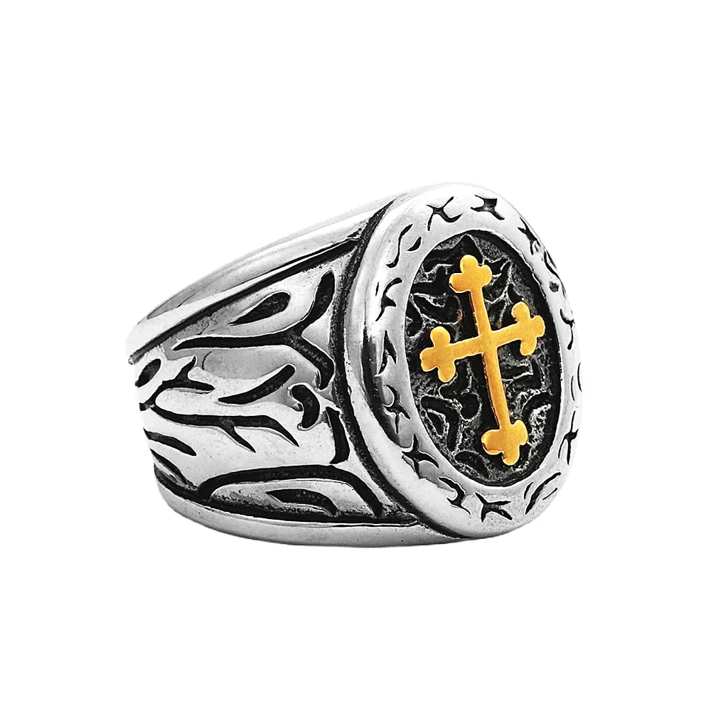 Classic Lorraine Cross Ring For Men Retro Orthodox 14K White Gold Cross ...