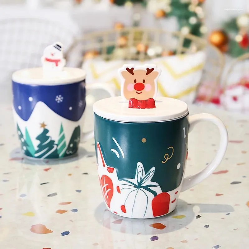 Mugs Christmas Mug Cartoon Couple Pair Elk Snowman Ceramic With Lid Water Cup Set Manufacturers