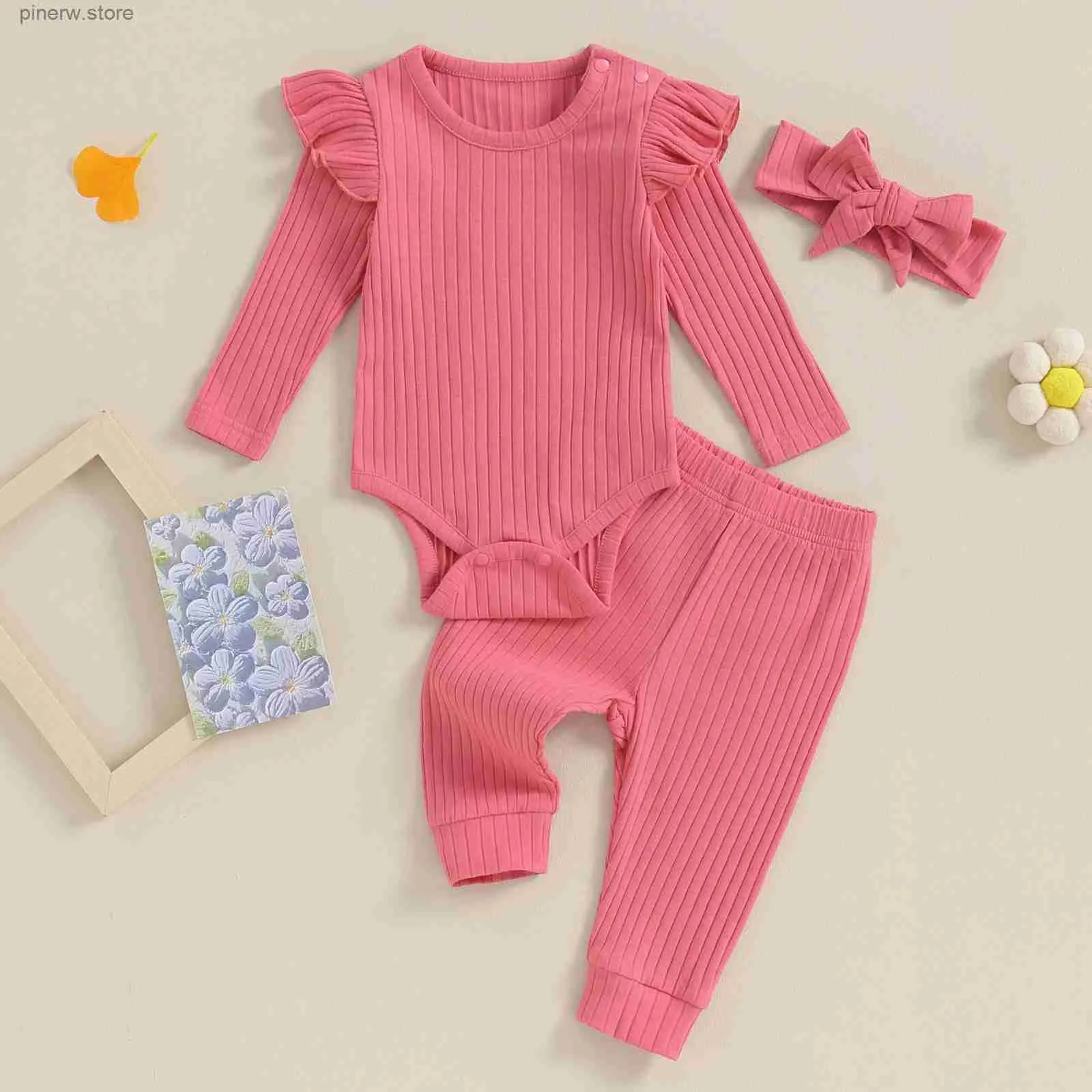 Kläder sätter 3st Ribbed Soft Cotton New Baby Girls Kläder Set Fall Spring Outfits Långärmad Romper Pants Pannband Barn Set Spädbarnskläder