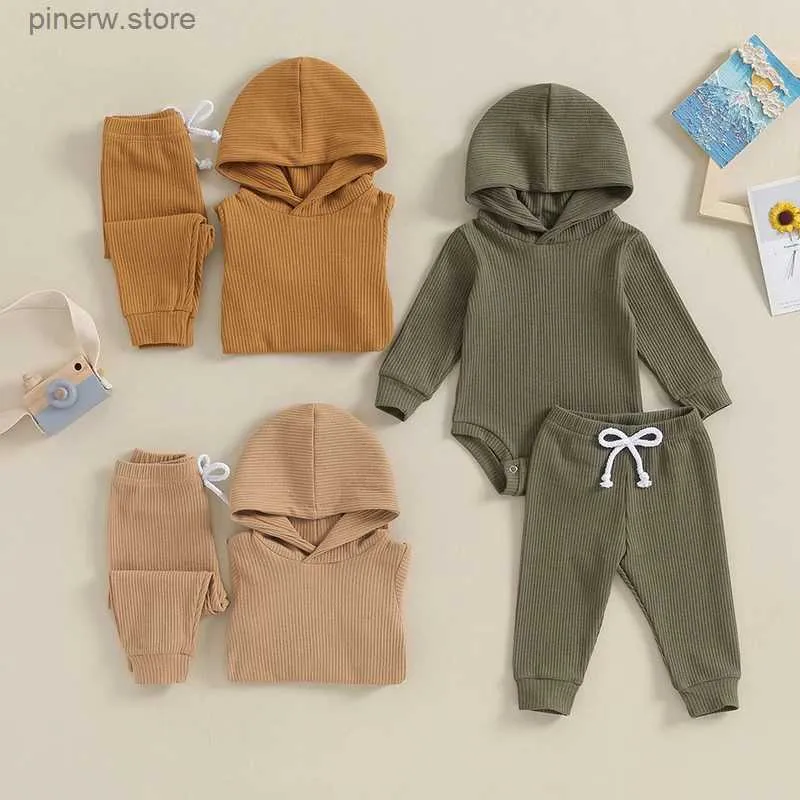 Lioraitiin 0-24M infantile bébé vêtements ensembles solide gaufre à manches longues à capuche body + pantalons longs enfant en bas âge vêtements décontractés