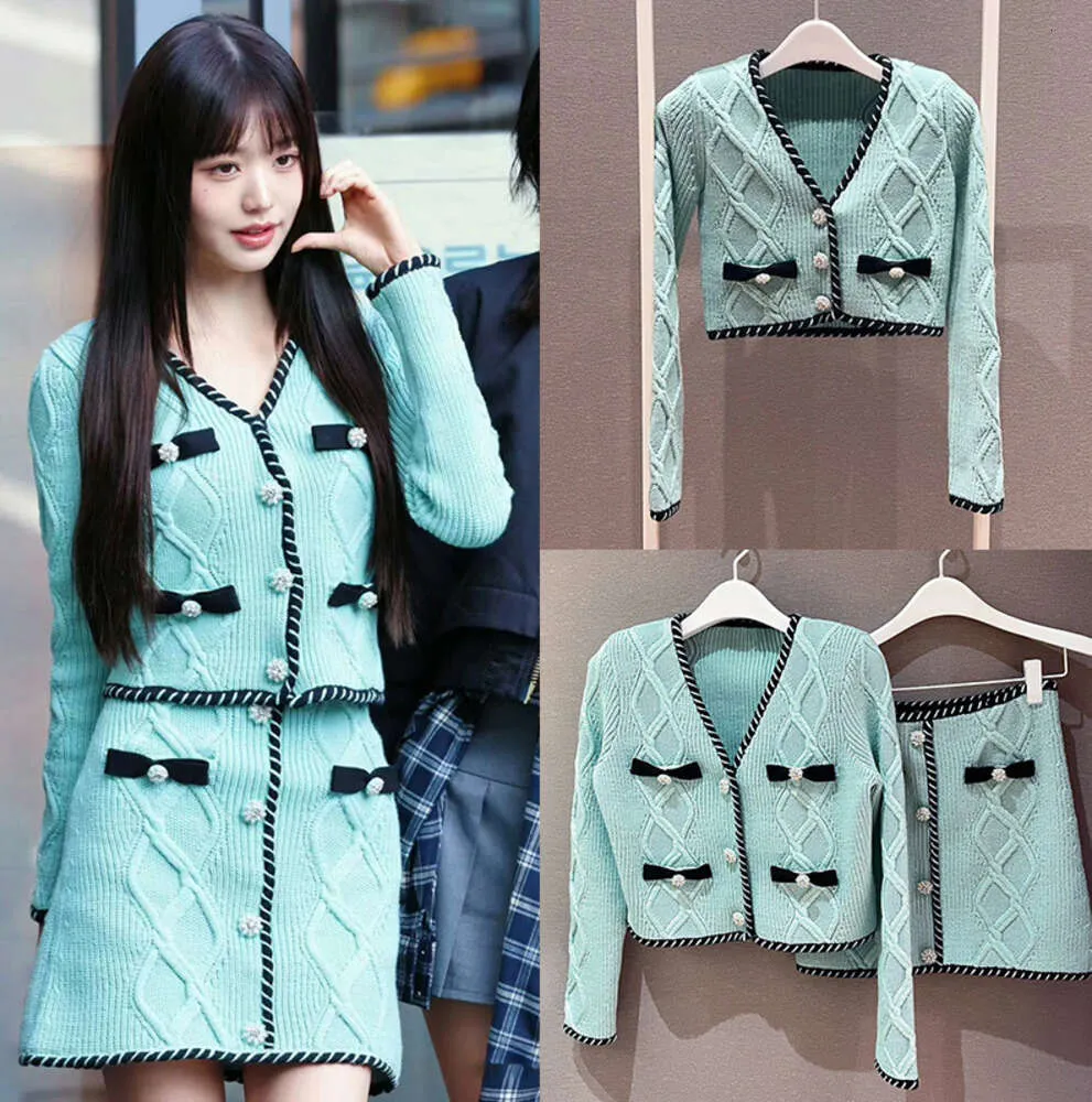 Zhang Yuanying ~ Franse stijl 2024 vroege lente socialite kleine geur piping V-hals gebreid jasje korte rok set modetrend kleding