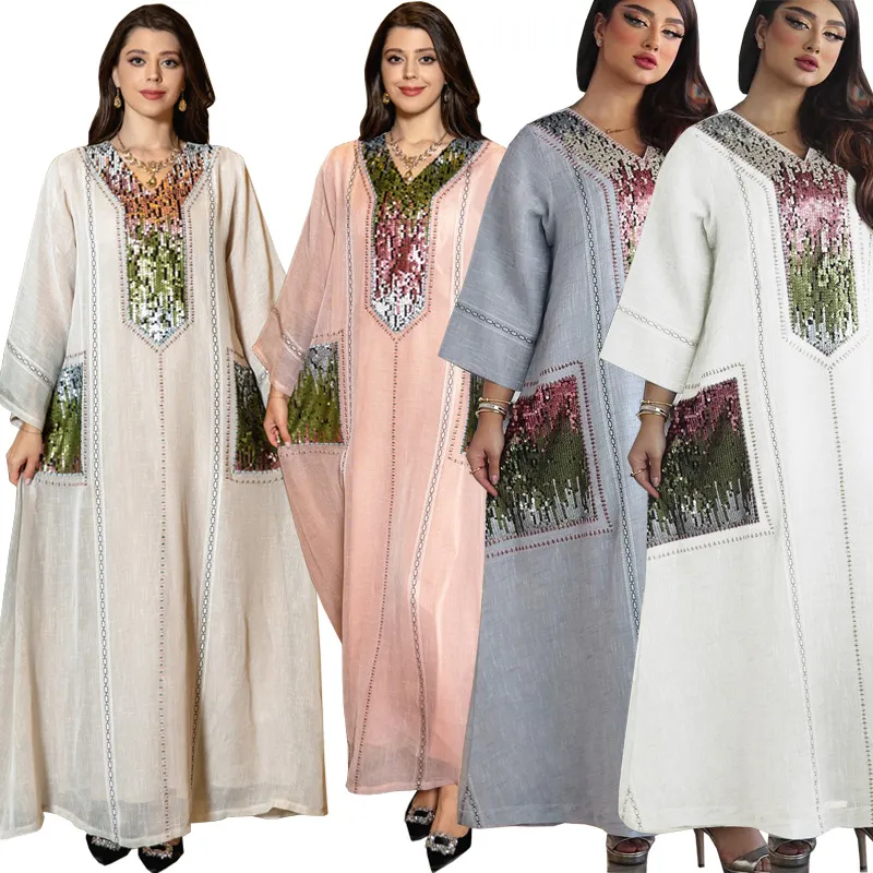 Ближний Восток Джалабия Дубай Вышитый блестками халат Рамадан Мусульманская женская одежда Индонезия Арабская Абая Элегантные вечерние платья Скромные модные платья musulmanes