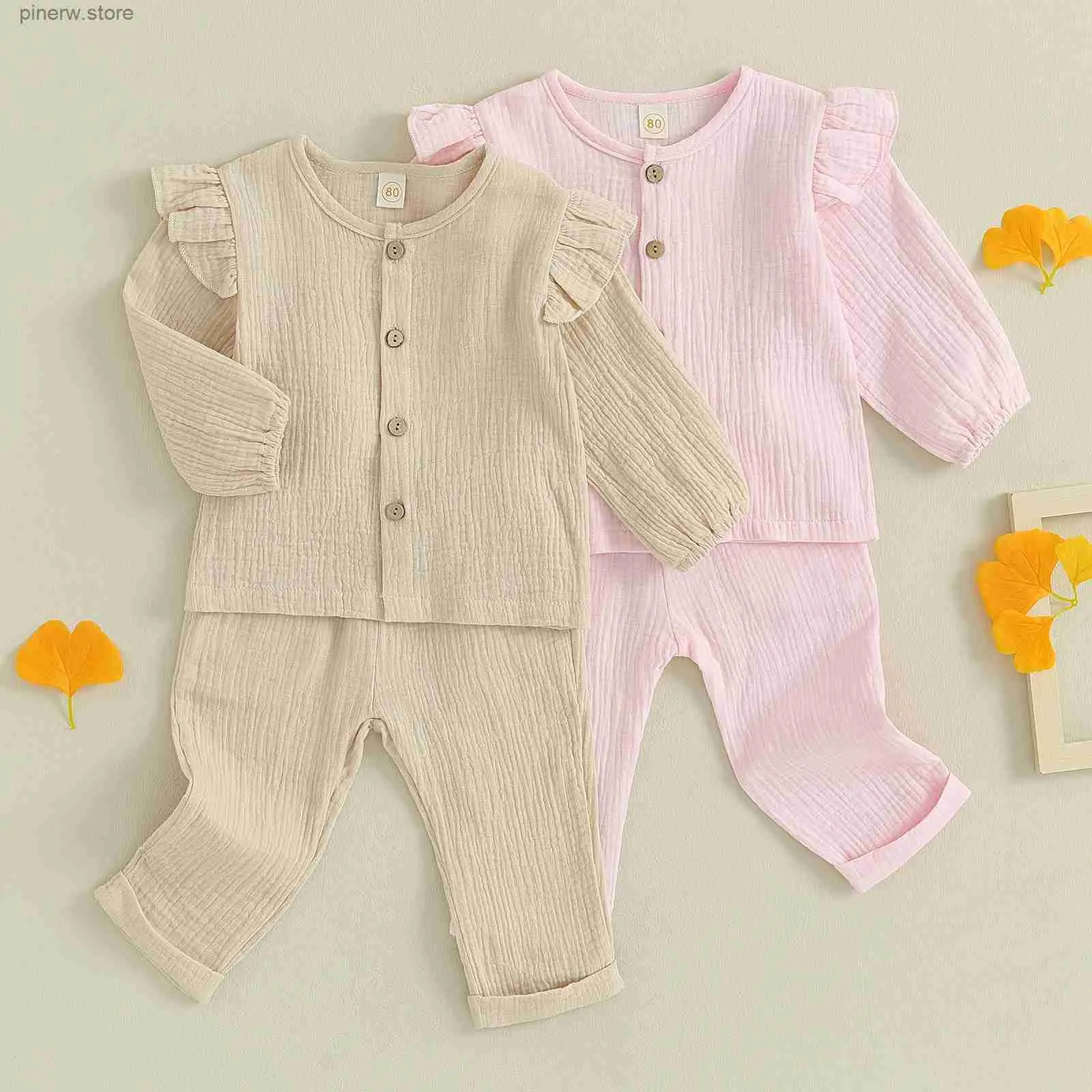 Set di abbigliamento Cotone Lino Casual Neonate Abbigliamento Autunno Manica lunga Abiti per bambini Ruffle Button Down Top + Pantaloni 2 pezzi Set di vestiti per bambini