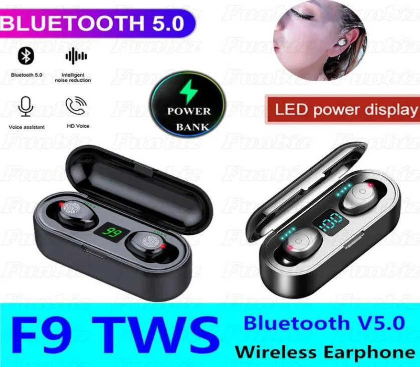 F9 TWS Bluetooth Oortelefoon Hoofdtelefoon Draadloze Streo Sport Oordopjes Earsets Met LED Power Display Ruisonderdrukking Voor iPhone X11 Hua5227480