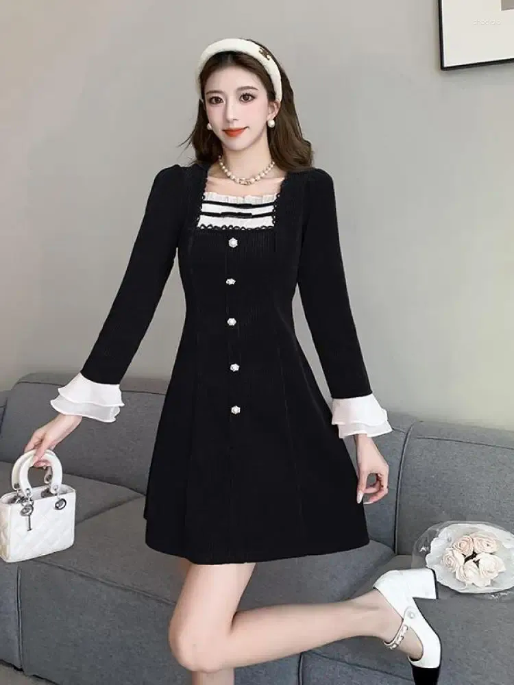 Casual Dresses Women French Vintage Square Collar Red Patchwork Mini Dress Autumn Winter Female Black Slim Corduroy Ruffles Evening Party