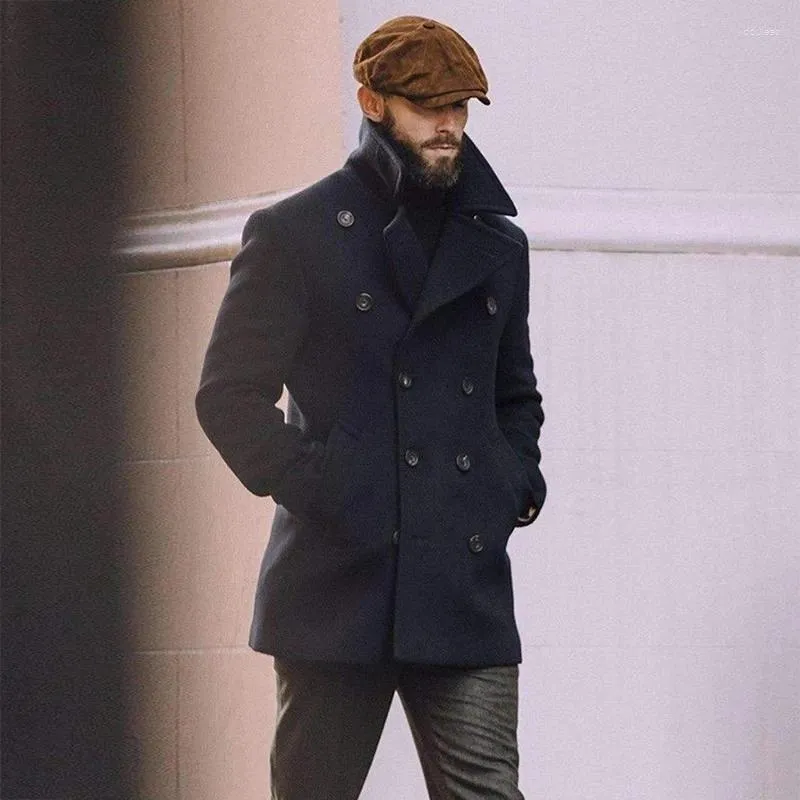 Herrjackor klassiska lapel dubbelbröst rockar män vinter vintage fast färg lös långärmad ullkläder för män mode ytterkläder
