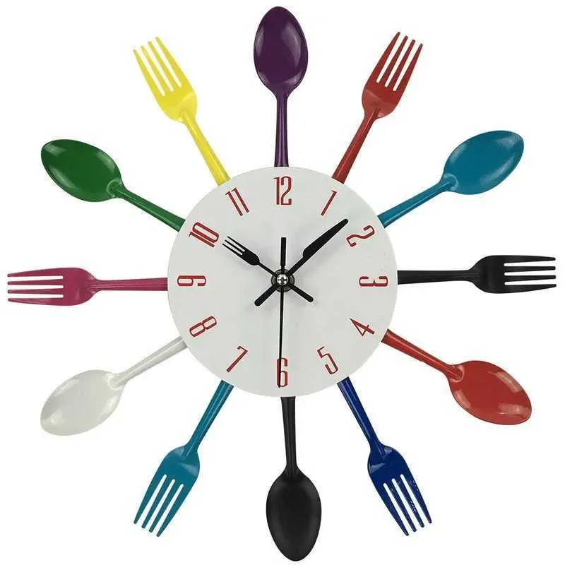 Horloges murales multicolores, décoration de la maison, couverts, ustensiles de cuisine, cuillère, fourchette, horloge murale