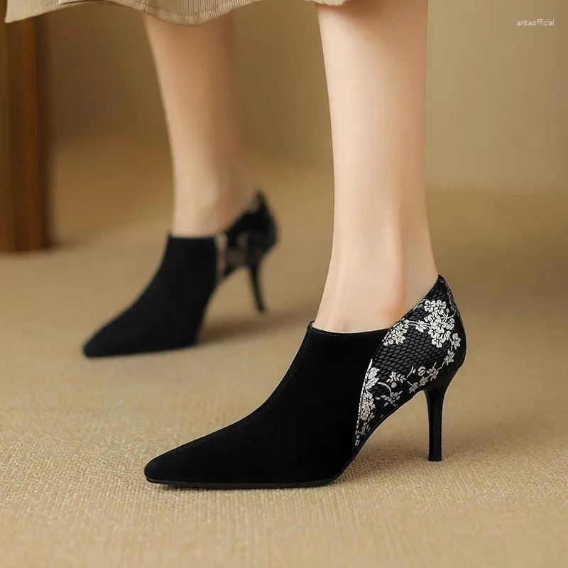 Dress Shoes 2024 Spring Genuine Leather Women Square Toe Pumps For High Heel Kid Suede Ladies Retro