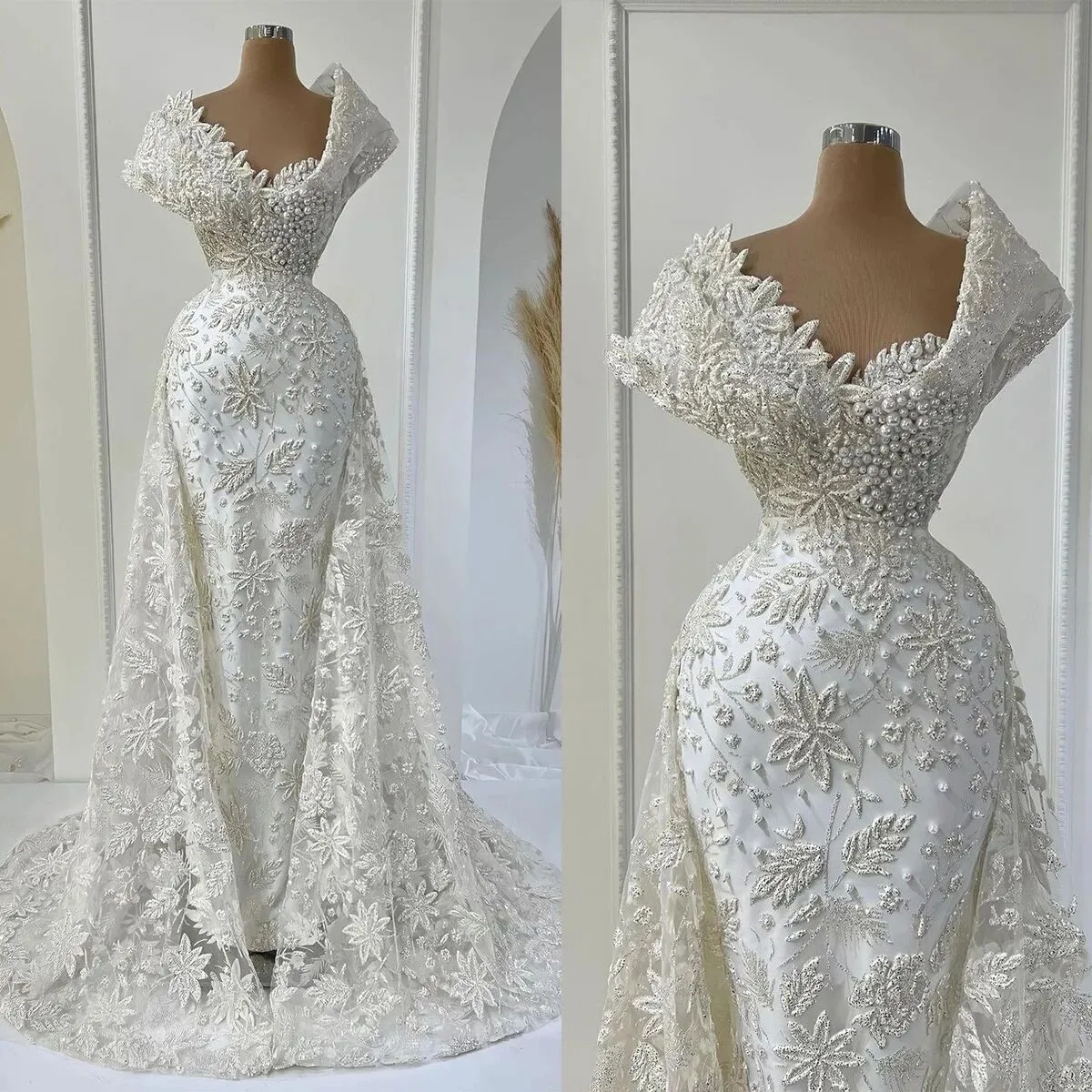 Plus Size Abito da sposa a sirena Arabo Fiori 3D Perline Scollo a V Abiti da sposa sexy Abiti Perle affascinanti Abiti da sposa formali Custom Made