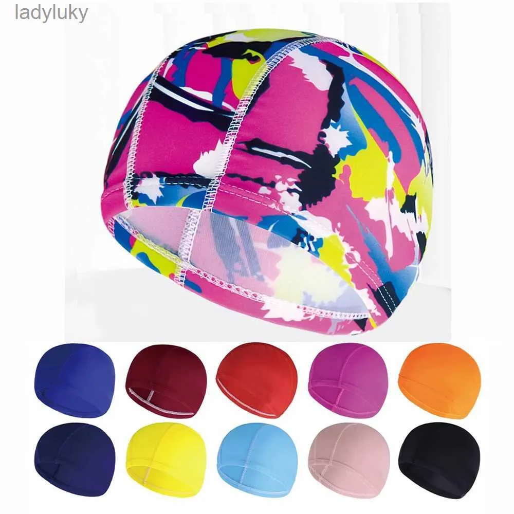 Bonnets de natation Multi couleurs imprimés hommes femmes tissu bonnet de natation piscine Sports nautiques bain élastique en Nylon casquettes chapeau Turban pour adultes unisexe L240125