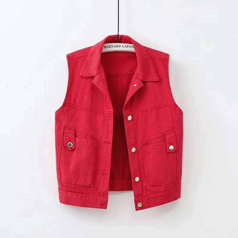 Red Jean Cowboy Waistcoat denim Vest Women 2023 Spring Autumn Sleeveless Tops Short Jacket Top Outerwear 240118