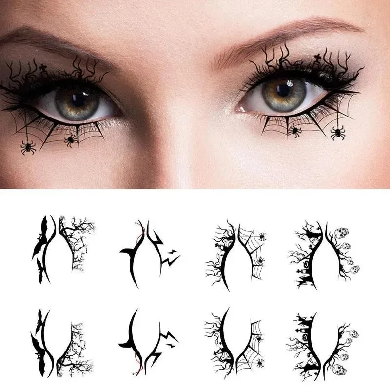 48PCSSSet Eye Makeup -klistermärken Tillfälliga tatueringar klistermärke för kvinnor Halloween Party Bat Spider Face Waterproof Fake Tatto Art 240122