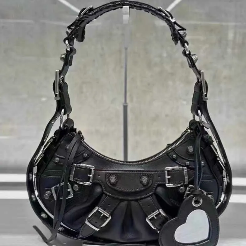 Fashion Dark Biker Multi Pin Buckle Design Moon Bag Shoulder Crossbody Bag 022024a