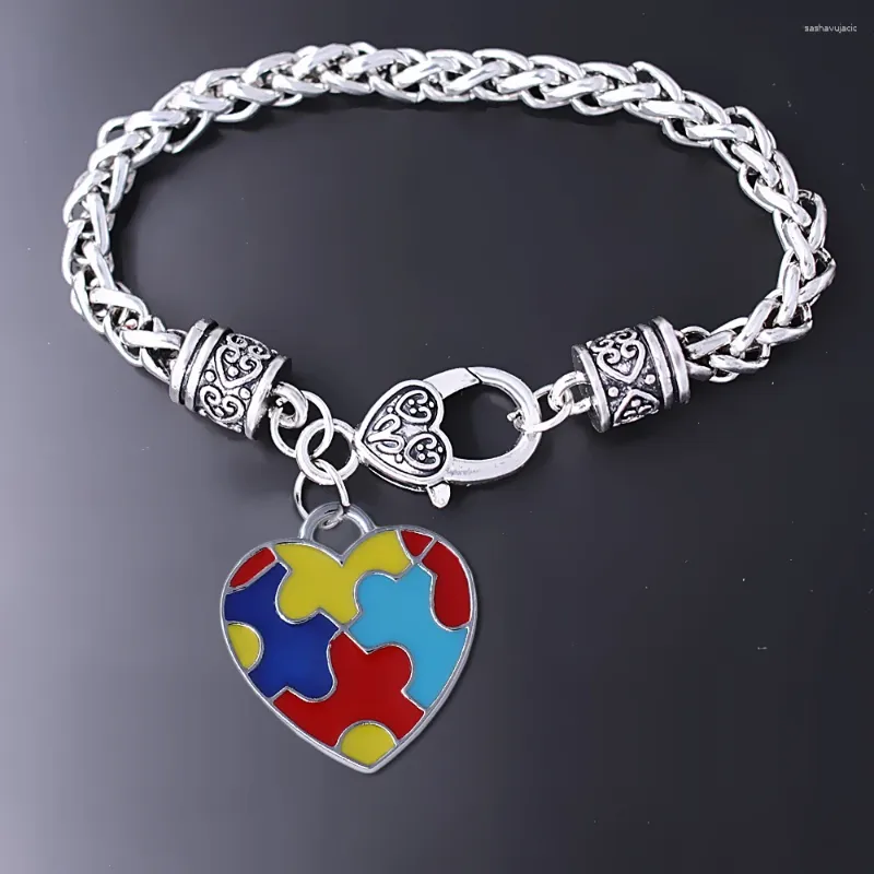 Charm Bracelets Fashion Care Autistic Jewelry Bracelet Enamel Heart-shaped Metal Autism Jigsaw Puzzle Pendant Bangle
