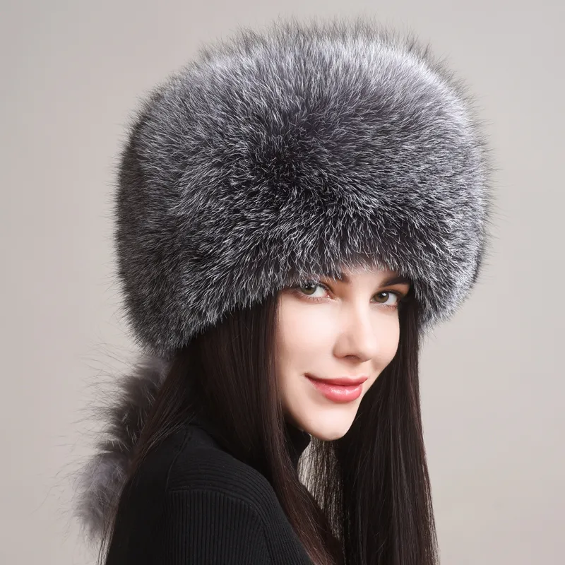 Chapéu feminino totalmente coberto com pele de raposa real, chapéu russo trapper ushanka, chapéu quente para esqui ao ar livre