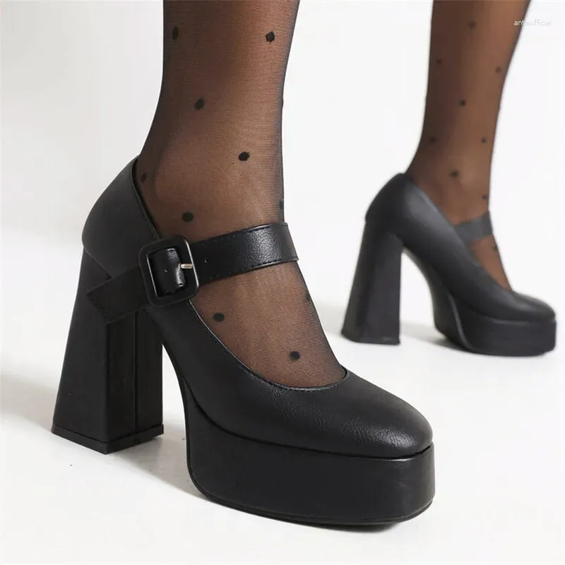 Jurk Schoenen PXELENA Volwassen 12CM Dikke Blok Super Hoge Hakken Vrouwen Enkelbandje Gesp Platform Kantoor Dame Party Pompen Zwart wit OL