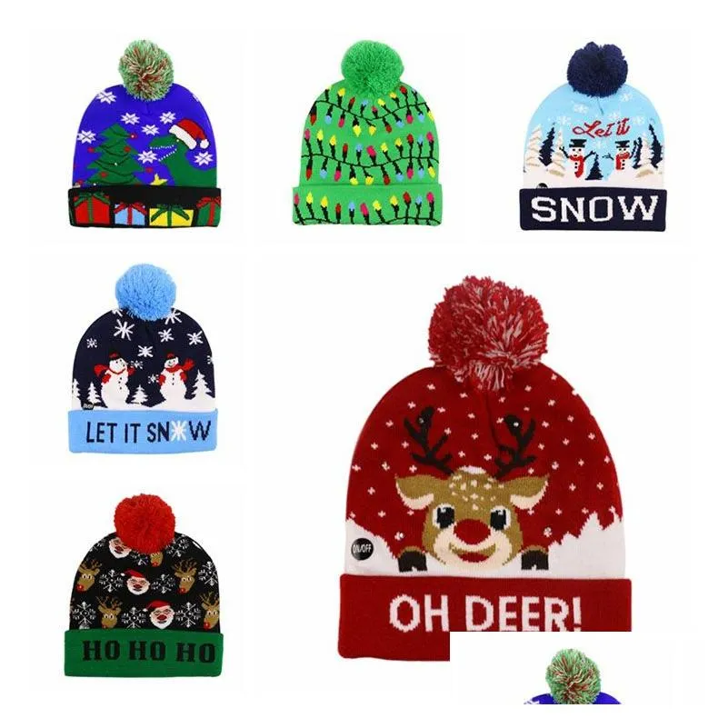 Bonnet / Casquettes De Crâne De Noël Modèles Mignons Bonnets De Festival Avec Des Lumières LED Nouveauté Pom-Pom Bonnet Taille 56-60Cm Skl Caps 15 Options Mix Dhdw8