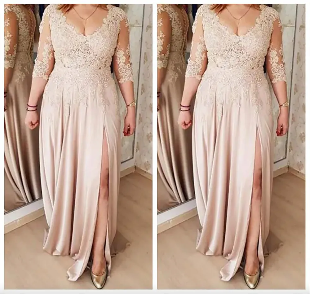 Robes mère de la mariée grande taille, ligne A, Champagne, manches 3/4, en mousseline de soie, longues robes de mère du marié pour mariages