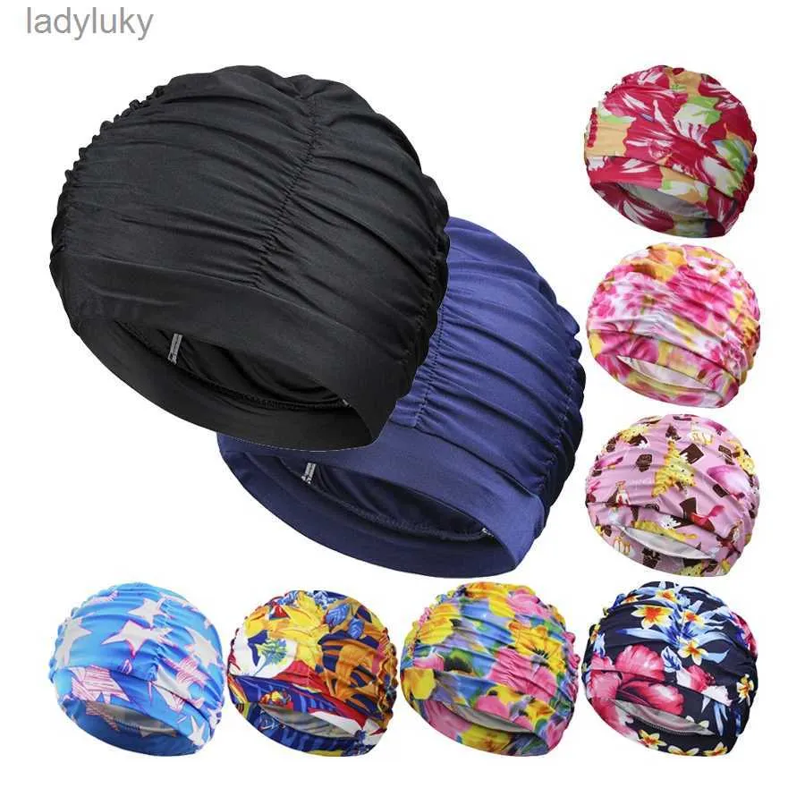 Toucas de natação femininas elásticas de nylon, tecido plissado, touca de natação para piscina, banho, chuveiro, spa, flores, estampa longa, cabelo curto, novo l240125