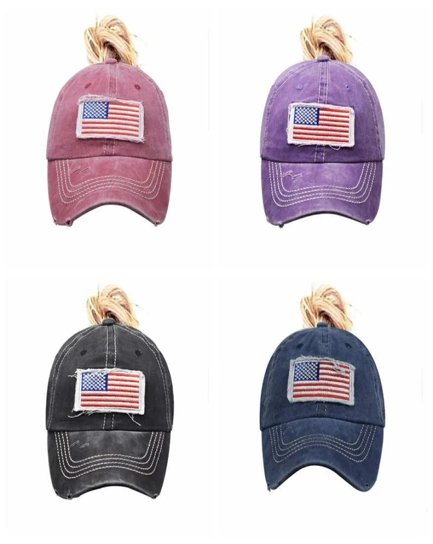Women Ponytail Hats American Flag Embroider Baseball Cap Washed Hole Net Hat Classics Ball Caps Adjustable Outdoor Sport Visor 10C9187252