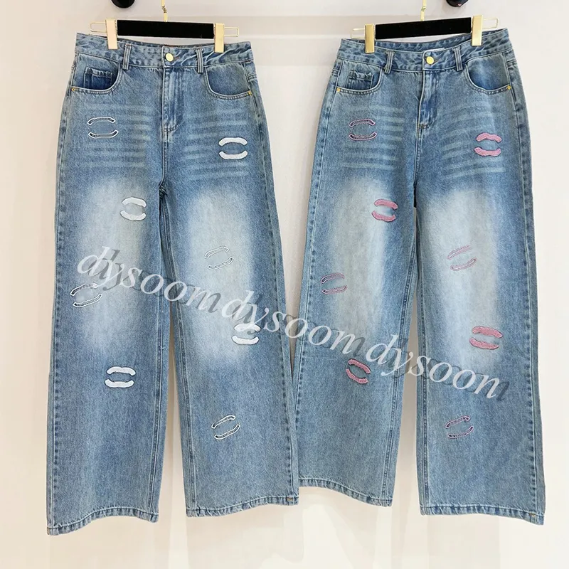 Calça jeans feminina bordada rosa ou branca padrão azul com saco de pó 25942