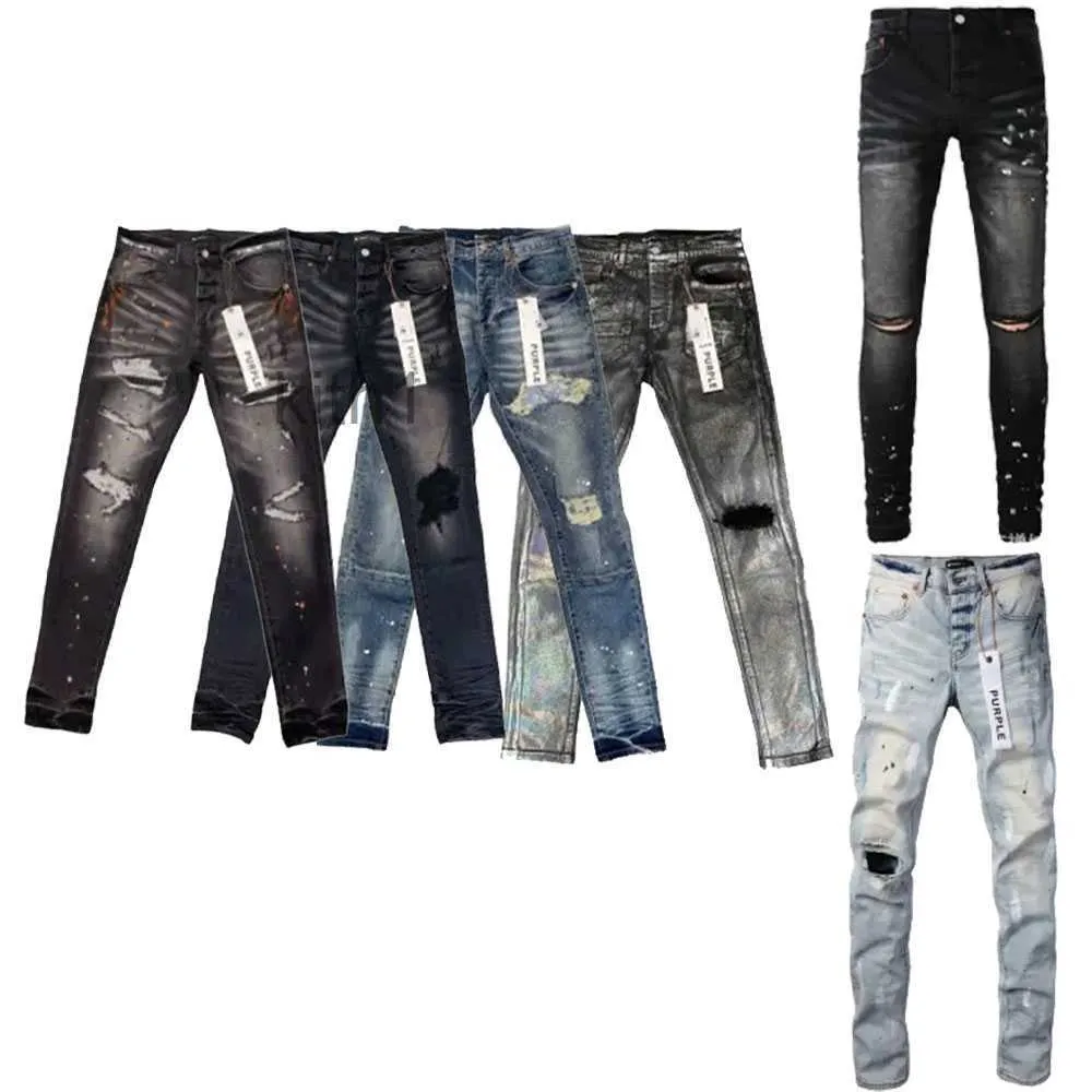 Pantaloni da ricamo con stampa di design da uomo di jeans viola Pantaloni con fori alla moda Taglia US 28-40 Pantaloni con cerniera in difficoltà Hip Hop 29-40 NE9F