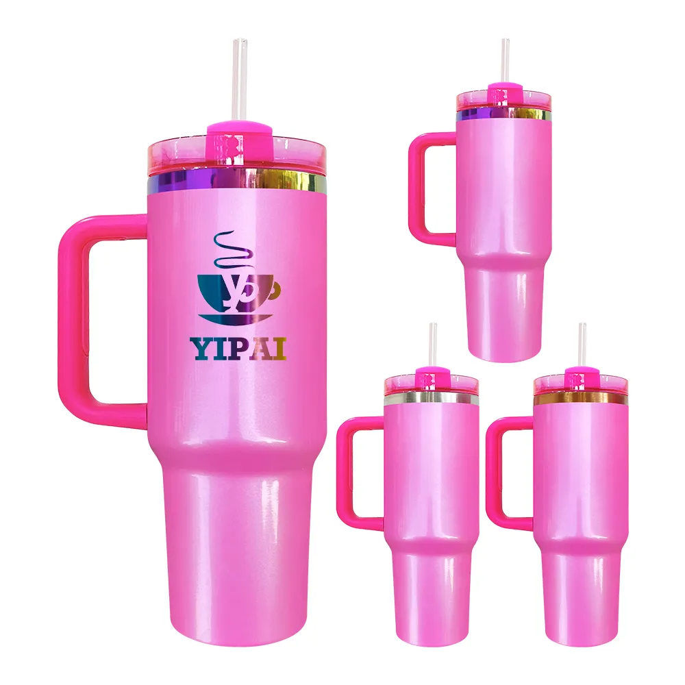 Vaso de acero inoxidable extintor H2.0 con brillo rosa invierno de 40 oz con sublimación en blanco chapado en arcoíris de cobre de gran capacidad con asa para grabado láser, vendido por caja