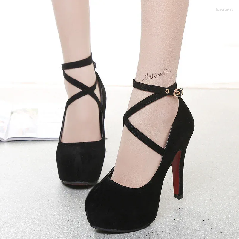 Dress Shoes Sexy High Heels Woman Pumps Faux Suede Cross-tied Ankle Strap Red Thick Platform Ladies Heel Wedding Party