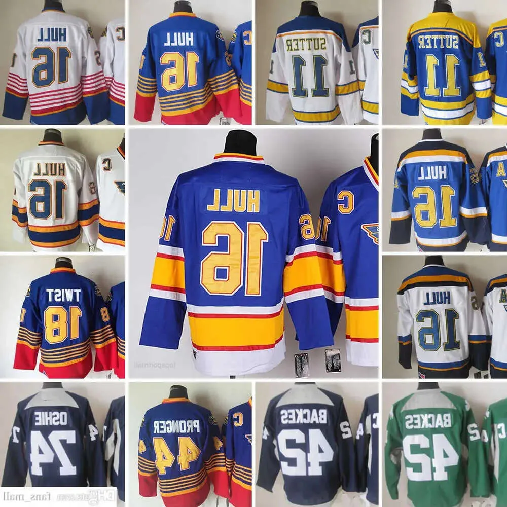 Film CCM Hockey su ghiaccio vintage 16 Maglie Brett Hull 11 Brian Sutter 18 Tony Twist 44 Chris Pronger 74 OSHIE 42 BACKES Maglia da ricamo uomo 32