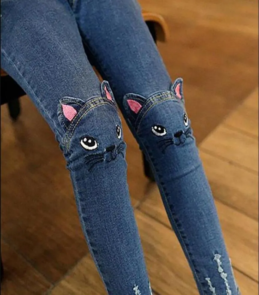 Printemps et automne décontracté enfants mignon chat conception enfants jean pantalon pour filles jean pantalon enfants 039s vêtements 9811679