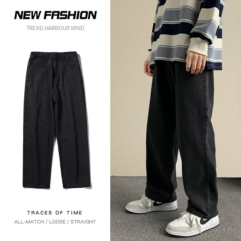 Spring Streetwear Baggy Jeans Men Korean Fashion Loose Straight Wide Ben Pants Mane Brand Clothing Black Light Blue 240124