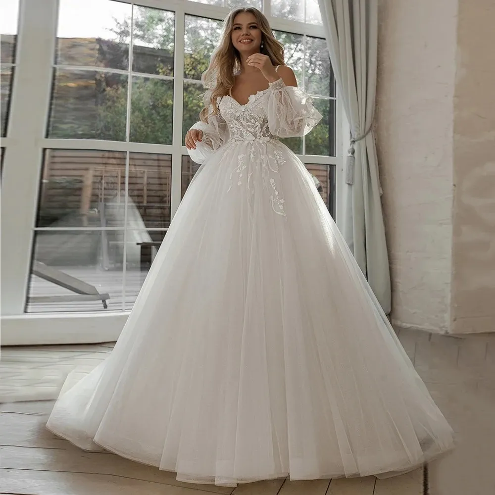 Stunningbride 2024 nova chegada vestido de baile glitter vestidos de casamento removível inchado manga longa apliques rendas tule boêmio vestidos de noiva