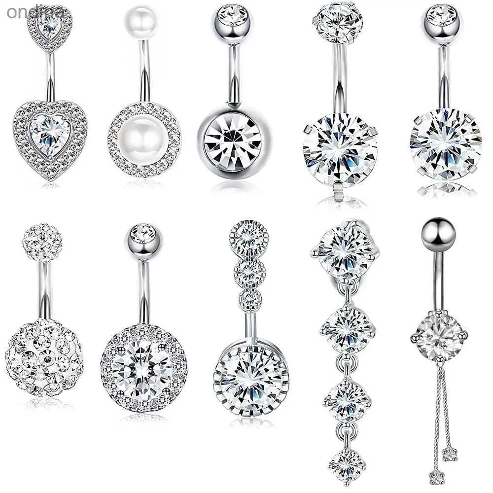 Navel Bell Button Rings 10 Styles Sexy Dangling Navel Belly Button Ring Oreja 14G Double Round Cubic Zirconia 316L Surgical Steel Belly Piercing Jewelry YQ240125