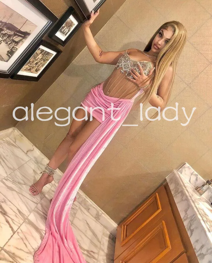 Pembe Velvet Kristal Korse Kokteyl Partisi Mezuniyet Elbiseleri Siyah Kız Sparkly Crystal Doğum Günü Gown Vestidos De Gala 2024 Prom