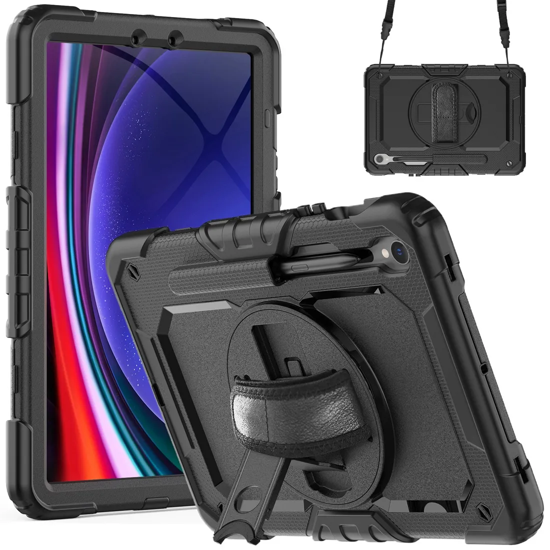 tough armor Hand Strap Shoulder Strap 360 Rotatable Kickstand Protective Case for Samsung Galaxy Tab S9 11 Inch/S9 FE 10.9 Inch built-in Screen Protector & pencil holder