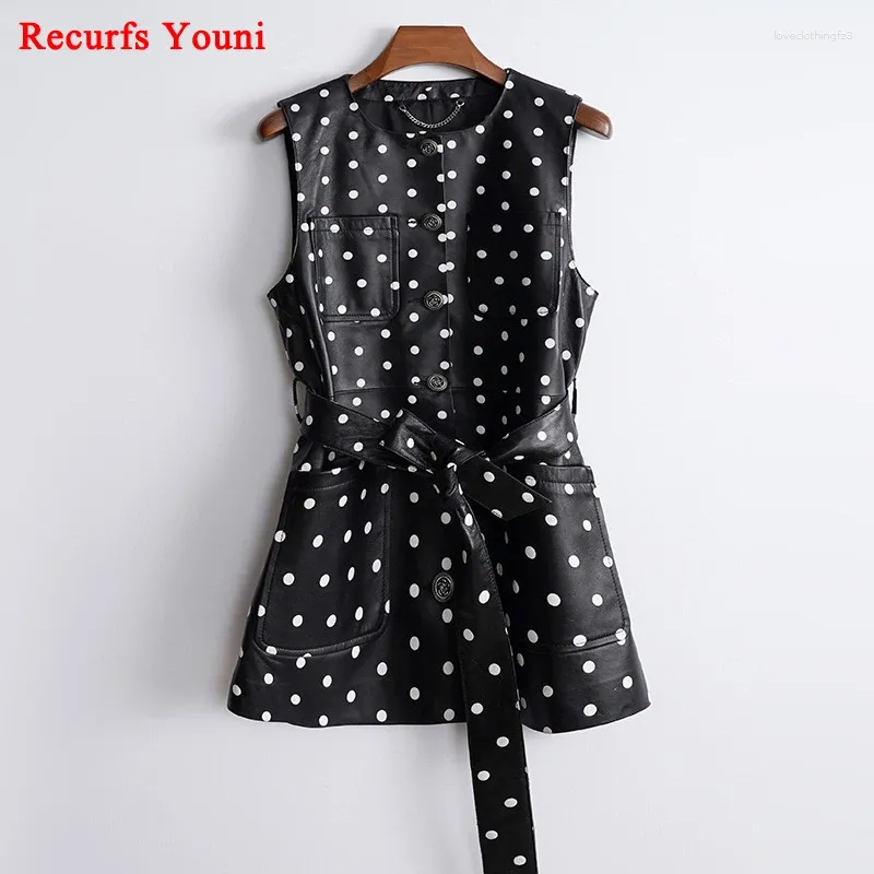 Casual Dresses Genuine Leather Mini Dress For Women French Round Neck Sleeveless Small Dots Slim Skirts Retro Floral Buttons Vestidos Cortos