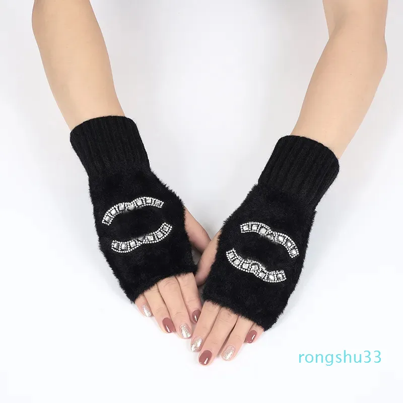 Designer luvas sem dedos cor preta jacquard pelúcia calor engrossado strass luvas de náilon metade dedo luvas para mulher