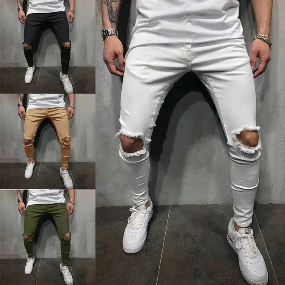 Heren effen kleur gaten broek skinny slim fit ontwerper potlood broek mannelijke tiener straatbroek 440