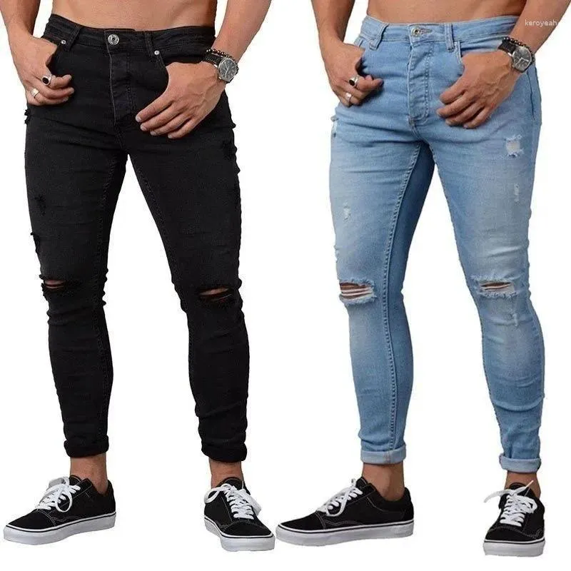 Men's Jeans Black Ripped Skinny Men Casual Stretch Trousers Slim Mid Waist Denim Pencil Pants Homme Fashion Knee Hole Distressed