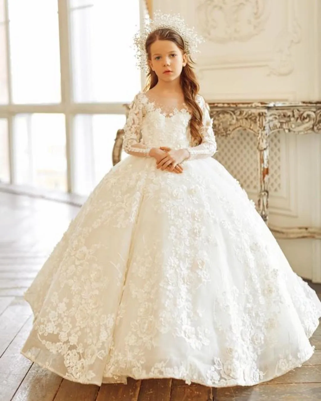 Ball Gown White Junior Bride Dresses Lace Applique Wedding Gown