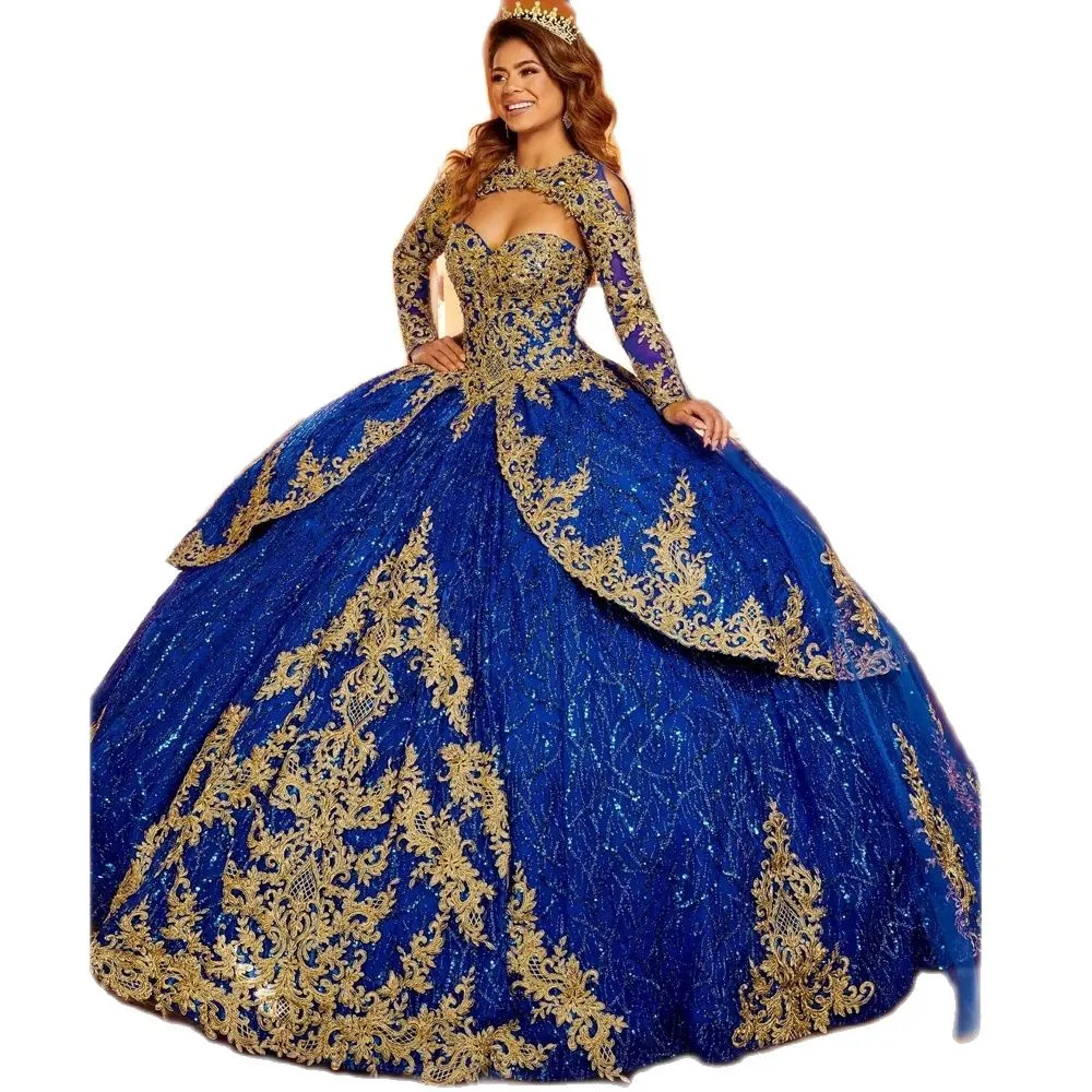 Royal Blue Charro Vestidos Quinceanera com Cabo vestido de baile Querida Tule Apliques de Manga Longa Mexicano Doce 16 Vestidos 15 Anos