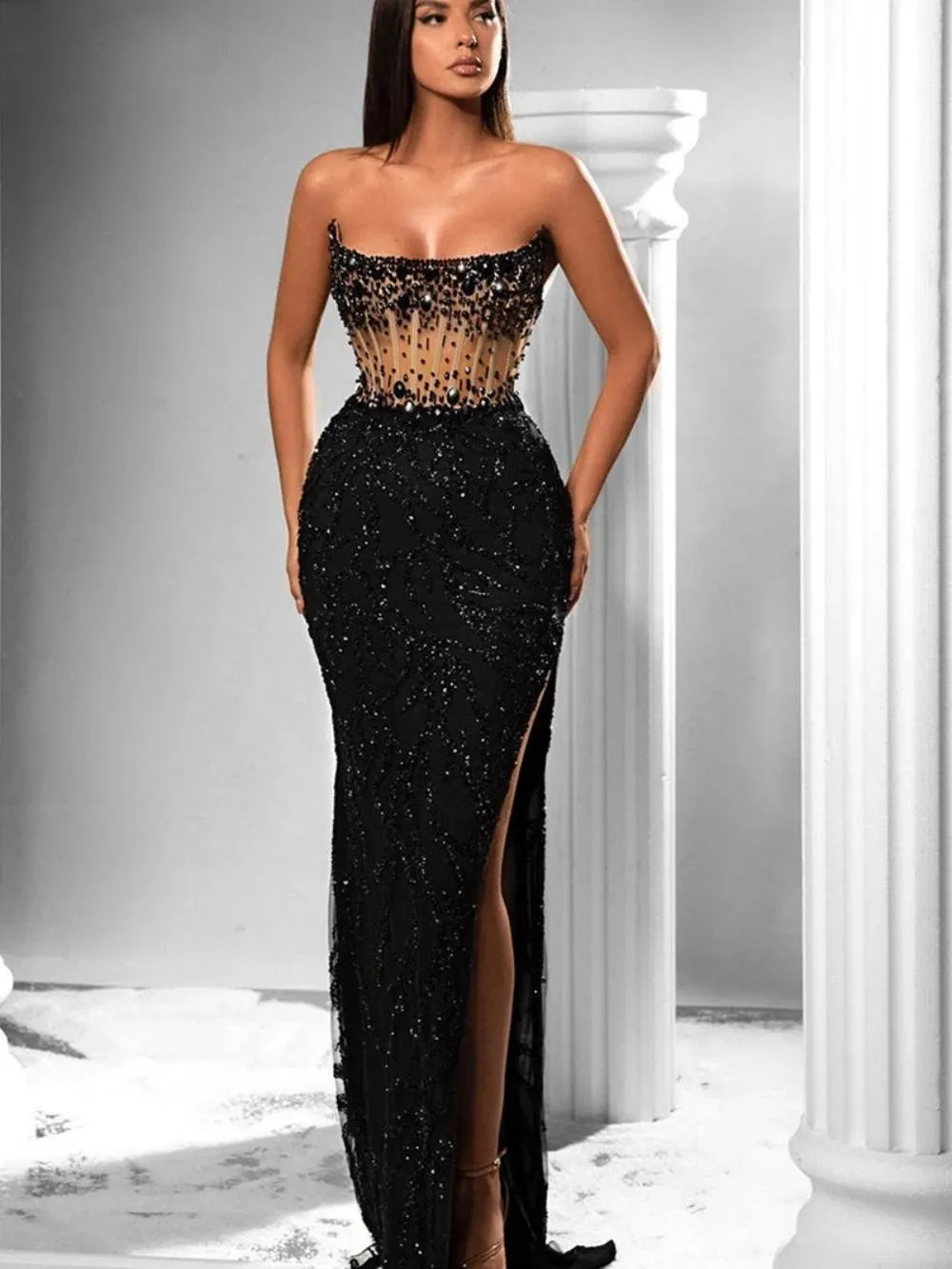 Black Sequined Sheath Evening Gown Strapless Sleeveless Backless Sweep Train Formal Dress from Dhgate Evening Dresses - price 433.09 Black Sequined Sheath Evening Gown Strapless Sleeveless Backless Sweep Train Formal Dress from Dhgate Evening Dresses - price 433.09