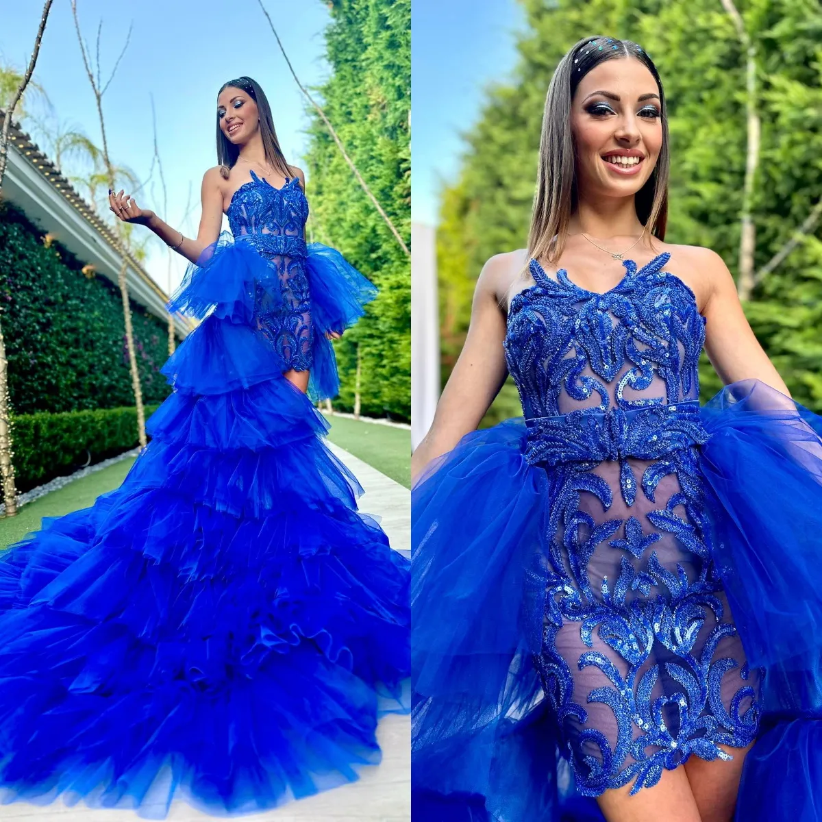 Royal Blue Short Prom -klänningar med löstagbara tåg Ruffles kjol Kvinnliga festklänningar Illusion Formell aftonklänning