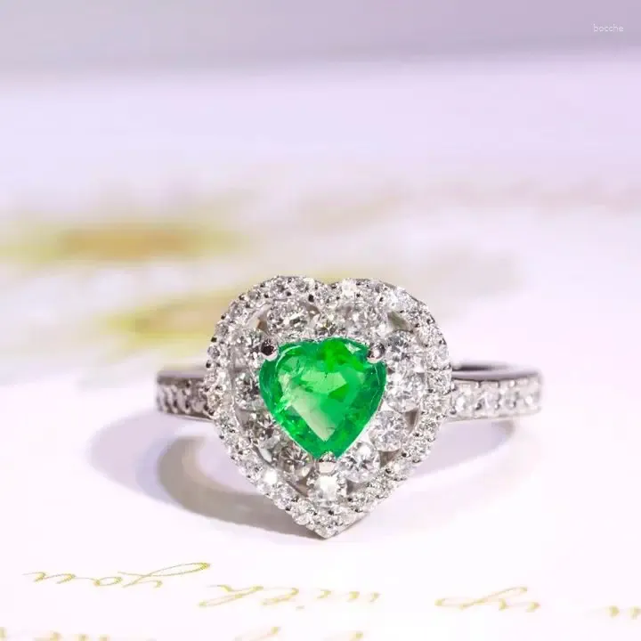 Bagues de cluster SFL2014 Bague émeraude Pure PT900 Bijoux Nature Vert 0,45ct Pierres précieuses Diamant Femme pour femmes Fine